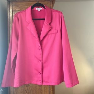 Hot pink silky pajama style button down blouse. Express. Lady Gang.